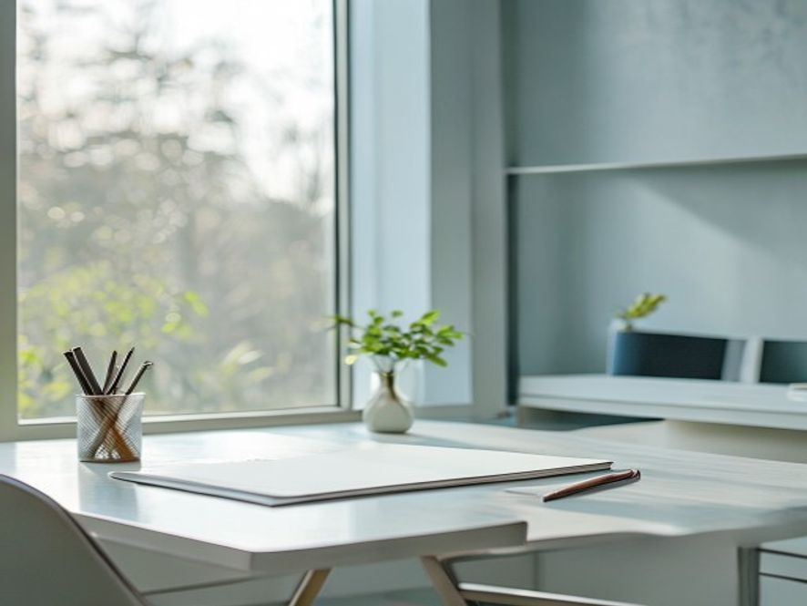 Minimalist workspace with journal, pen, and natural light