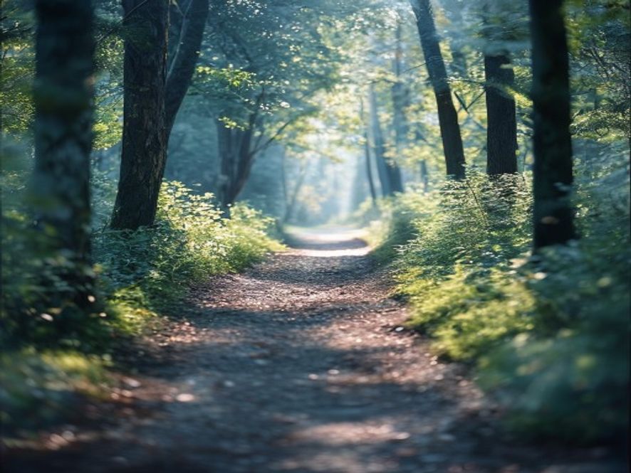 Quiet park path with morning light filtering through trees