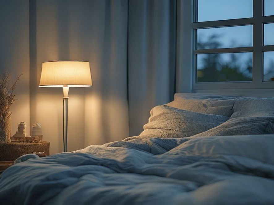 Soft lamplight in a calm bedroom with comfortable seating