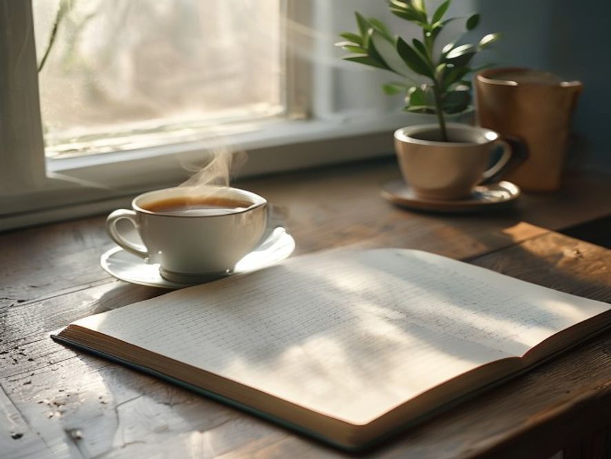 Wooden desk with open planner and cup of tea by a window