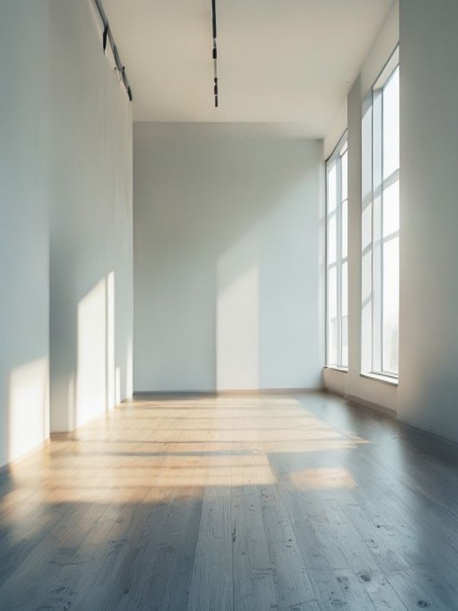 Calm morning light in a minimalist movement studio with wooden flooring